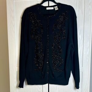 Vintage 90s C. Webb Co Black Beaded Leaf Cardigan Sweater Women's Size L Femme